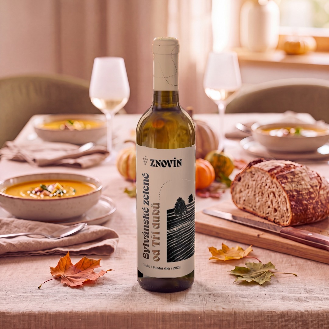 Prostřený stůl k nedělnímu obědu s dýňovou polévkou a láhev Sylvánského zeleného, na fotce Sylvánské zelené od Tří dubů 2022, Znovín Znojmo